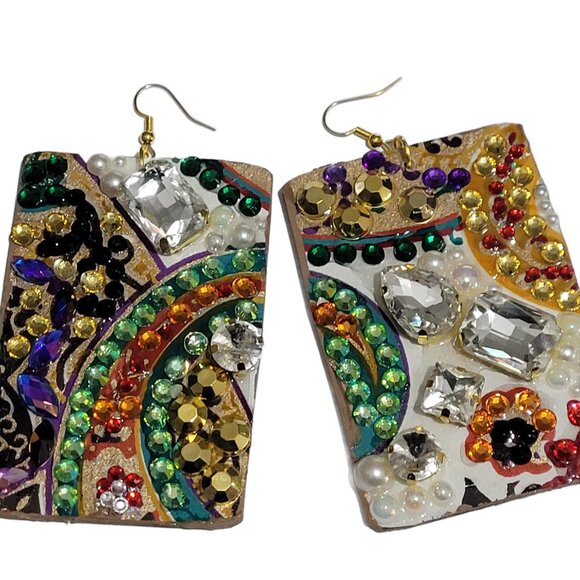 Big Rhinestone Earrings, Wood Statement Earrings Handmade - Picture 2 of 2